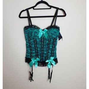NWT Just Sexy Bustier Set teal blue black lace ruffles garter straps sheer panty